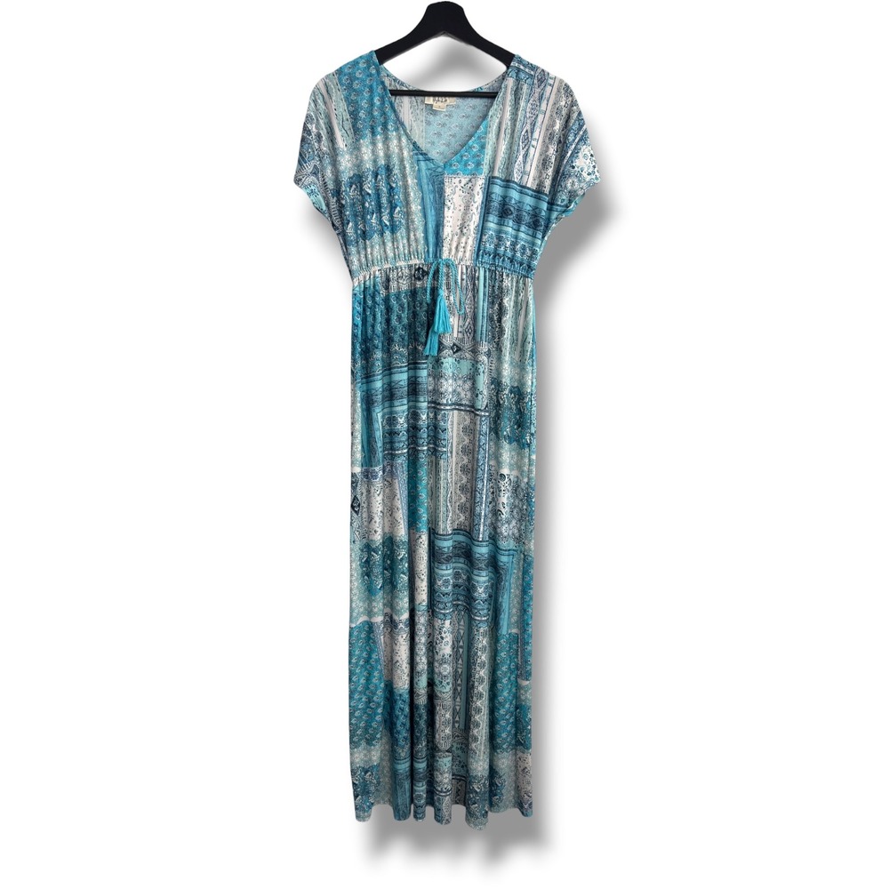 Style & Co Maxi Dress Womens S Blue Patchwork V-Neck Tassel Boho